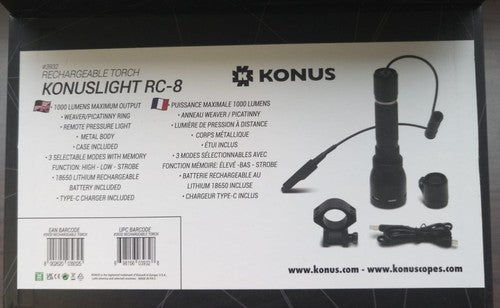 KONUS KONUSLIGHT-RC8 Torcia Ricaricabile a Comando Remoto per Slitta Weaver/Picatinny, 1000 lm e Batteria Ricaricabile