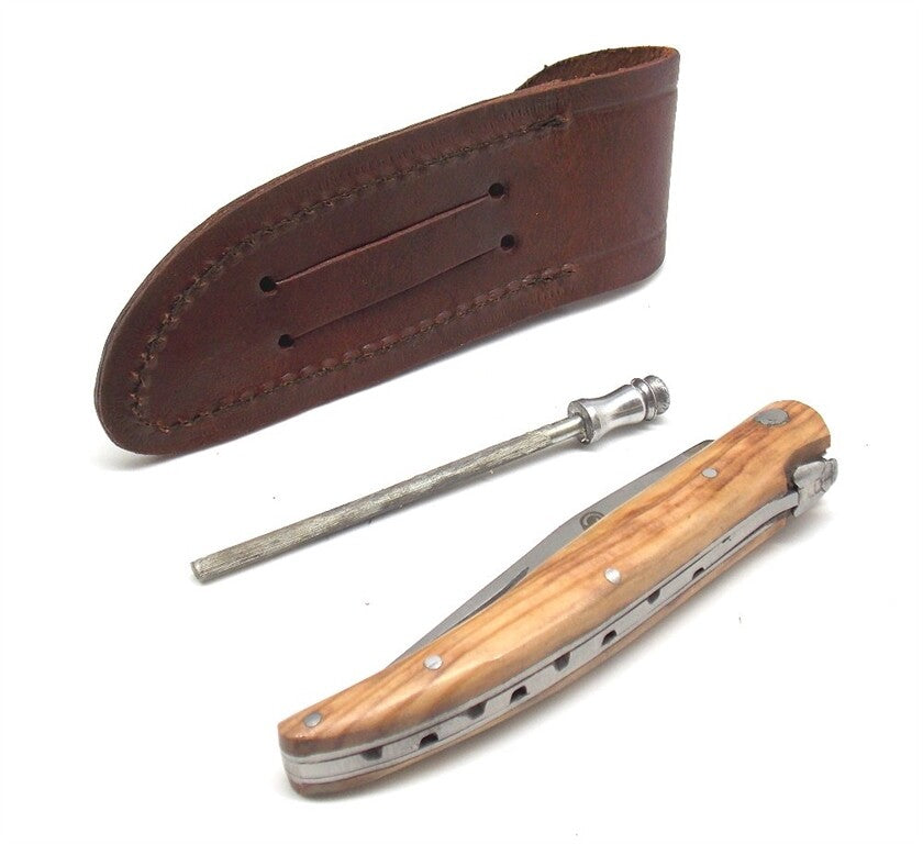 Coltello da caccia artigianale pieghevole con fodero in cuoio da cintura