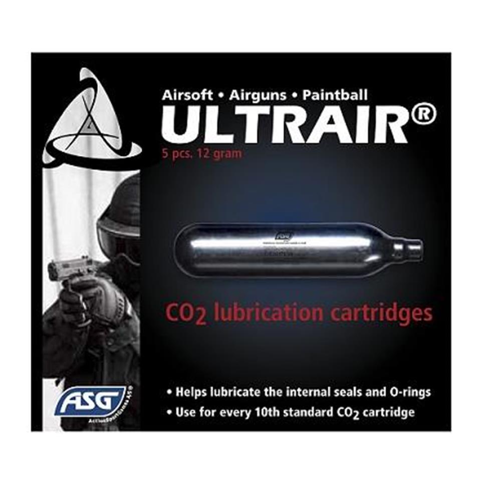 5 Cartucce CO2 12g Lubrificanti ASG Ultrair Softair Paintball Pulizia Manutenzione
