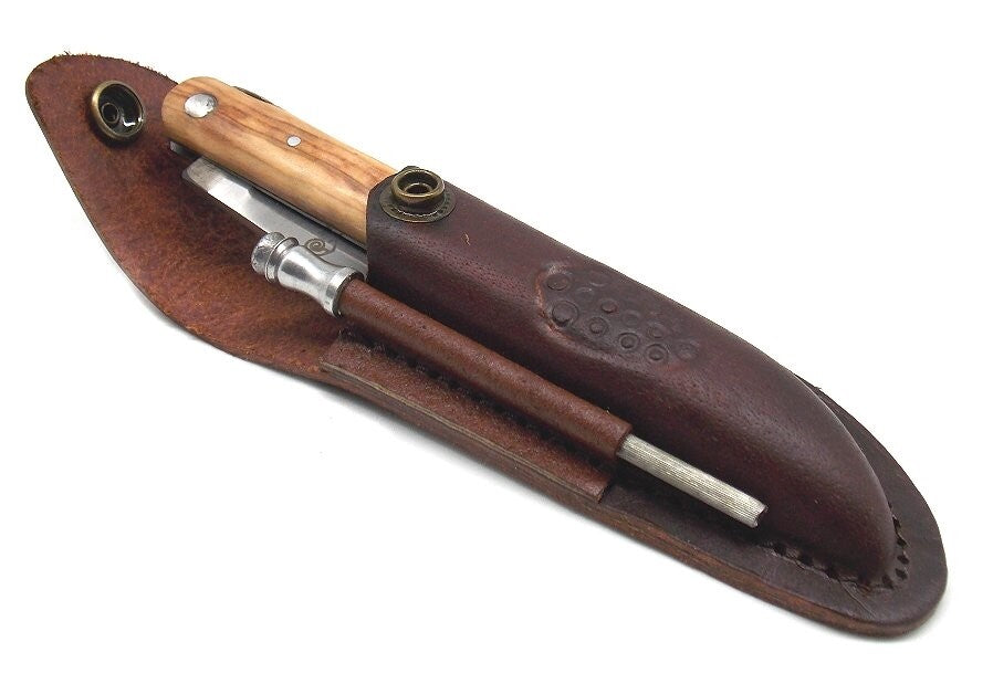 Coltello da caccia artigianale pieghevole con fodero in cuoio da cintura