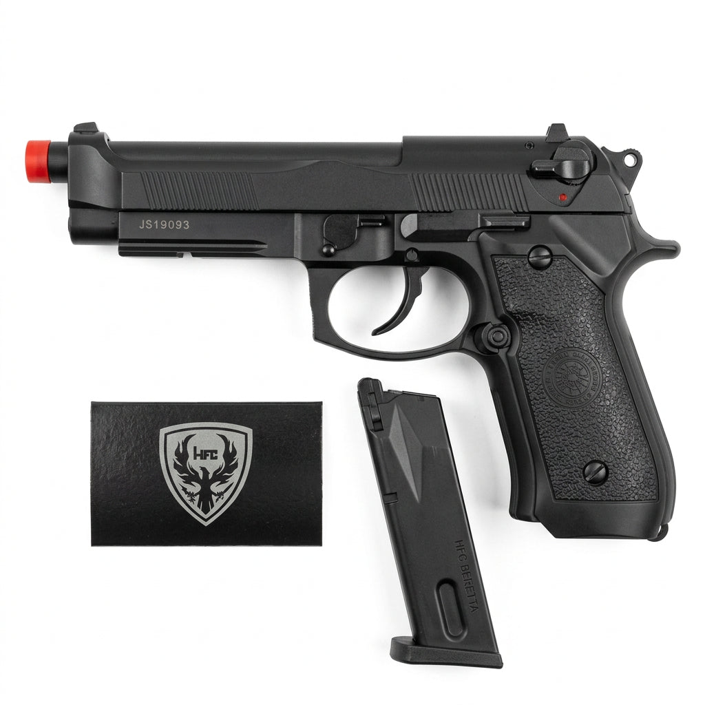 Pistola softair HFC B92 nera con terminale rosso, caricatore separato e libretto HFC