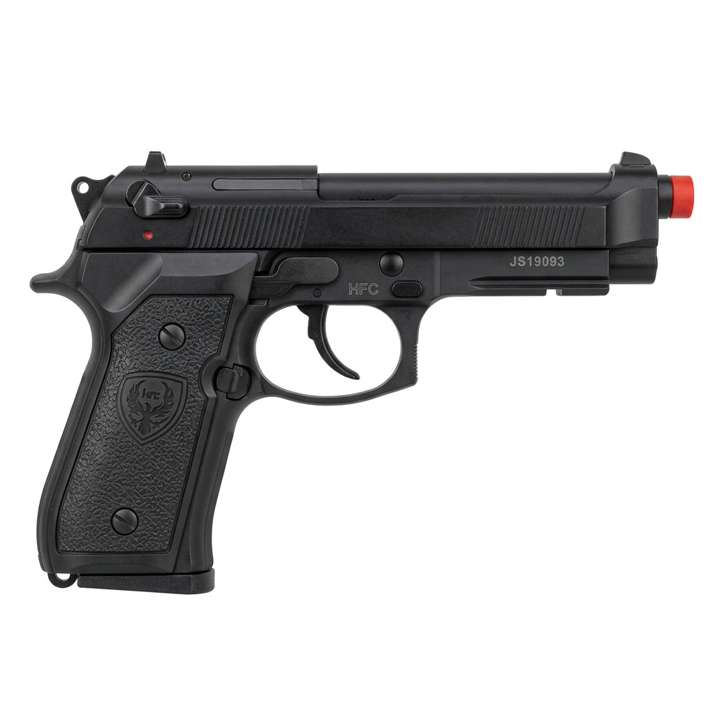 Pistola softair HFC B92 nera, vista del lato destro con terminale rosso e slitta sotto canna.