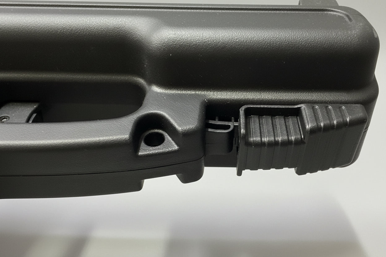Dettaglio chiusura scorrevole lucchettabile della valigetta rigida porta pistola Lynx Tech