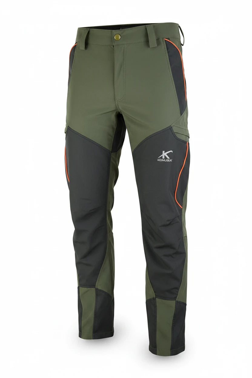 Pantalone impermeabile antispino Konustex Kreato 2.0 – Verde militare con inserti neri e profili arancioni