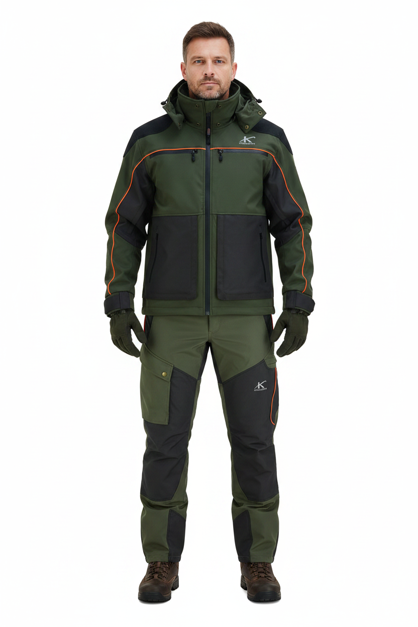 Completo da caccia impermeabile Konustex Kreato 2.0 indossato – giacca e pantalone verde militare