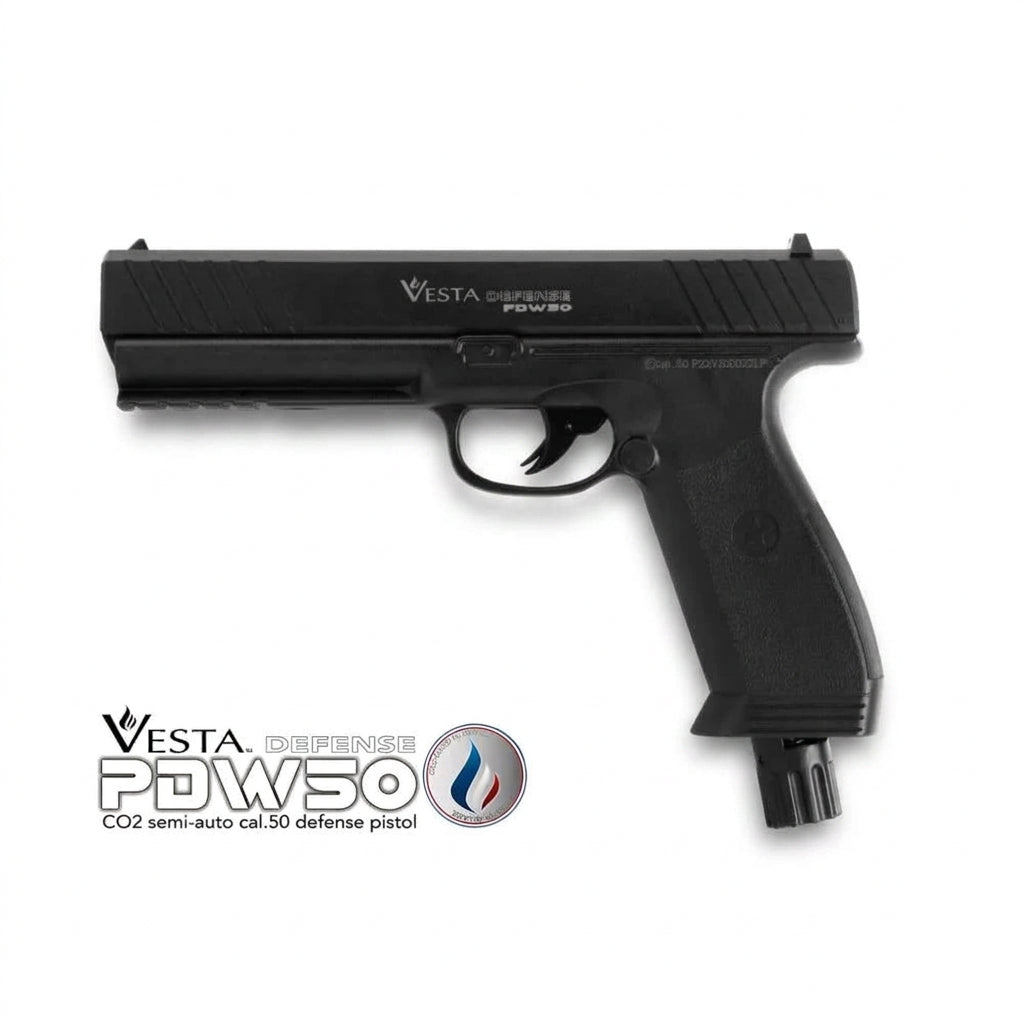 Marcatore CO2 Vesta Defense PDW50 nero calibro .50, vista laterale con logo