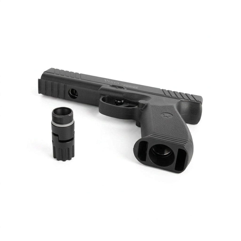 Vesta Defense PDW50, dettaglio della base dell’impugnatura con tappo CO2 rimosso