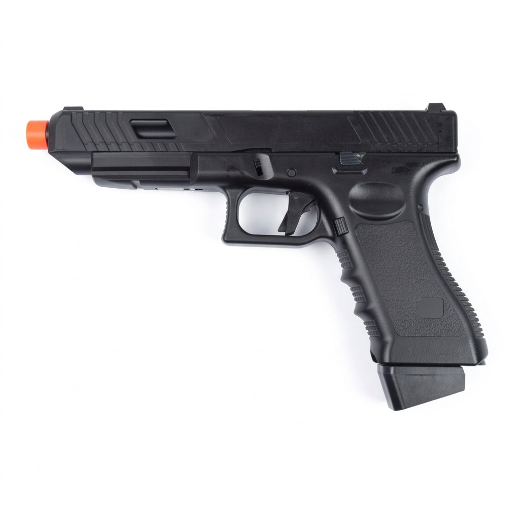 Pistola softair VG G34 Tactical nera, vista laterale con caricatore inserito e terminale rosso.