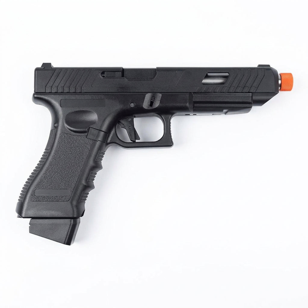 Pistola softair VG G34 Tactical nera, vista del lato opposto con slitta sotto canna e terminale rosso.