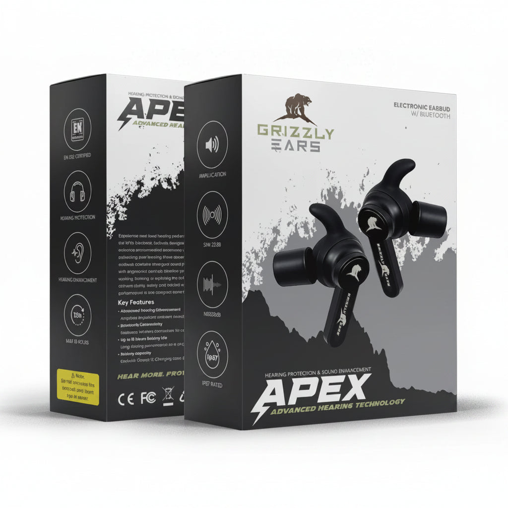 Confezione auricolari elettronici Grizzly Ears APEX con certificazione EN 352 e IP67
