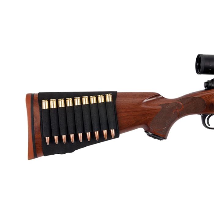 Elastic cartridge belt applicable to the butt of the rifle, holds 9 rounds of ammunition of all calibers