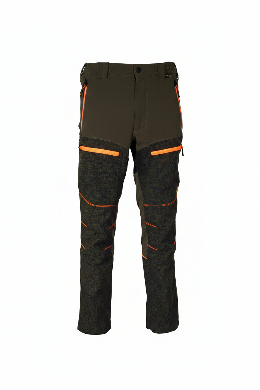 Pantalone Cofra Kreien elasticizzato antispino verde con rinforzi antiabrasione e zip arancioni