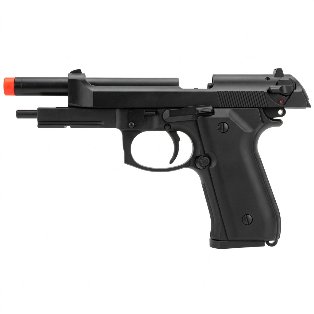 Pistola softair HFC B92 nera con carrello arretrato e terminale rosso.
