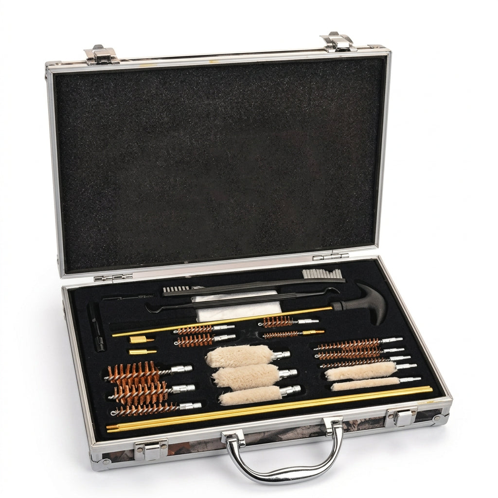 Kit pulizia universale per armi valigetta aperta frontrale.