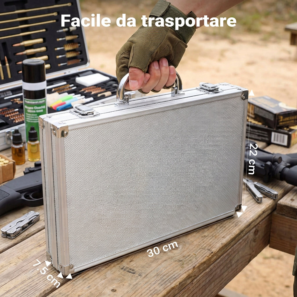 Valigetta del kit pulizia armi Lynx trasportata tramite maniglia, con dimensioni indicate di 30 × 22 × 5 cm