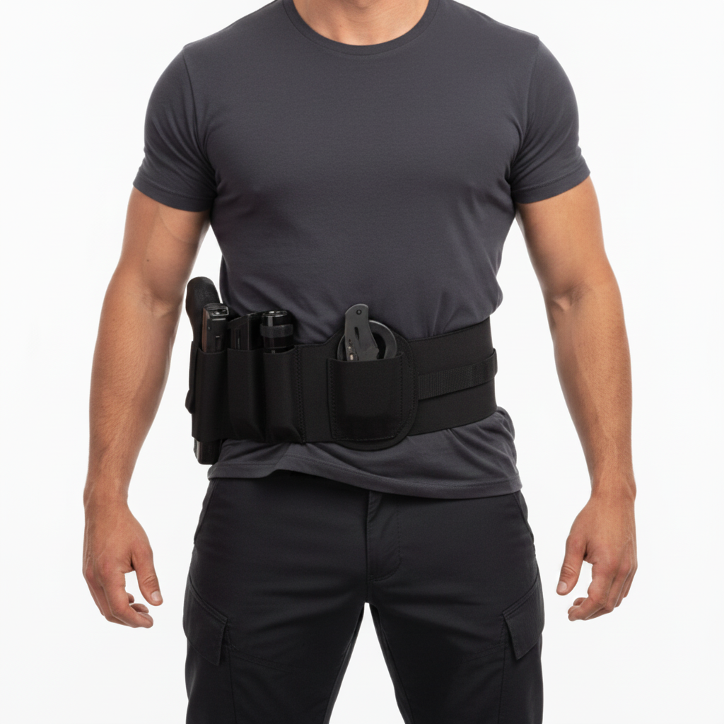 Fascia elastica Vega Holster 2ET21 con fondina pistola e doppio porta caricatore - vista frontale