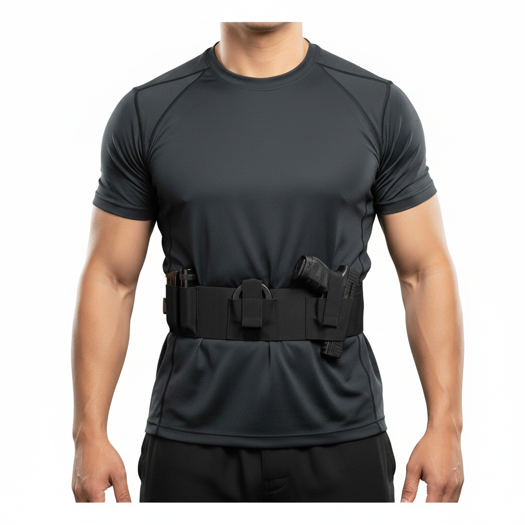 Fascia elastica Vega Holster 2ET21 con fondina pistola sinistra e doppio porta caricatore - vista frontale indossata